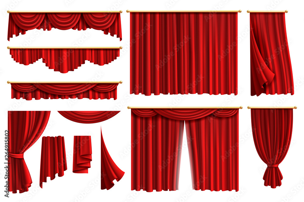 Red curtains. Set realistic luxury curtain cornice decor domestic fabric interior drapery textile lambrequin, vector illustration - obrazy, fototapety, plakaty 