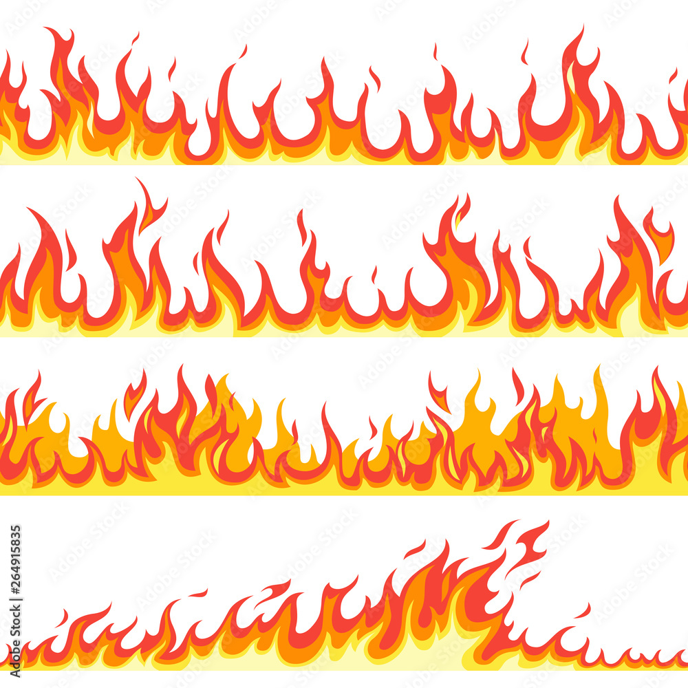 Seamless fire flame. Fires flaming pattern, flammable line blaze hot temperature, gas blazing wallpaper cartoon vector textured frames - obrazy, fototapety, plakaty 
