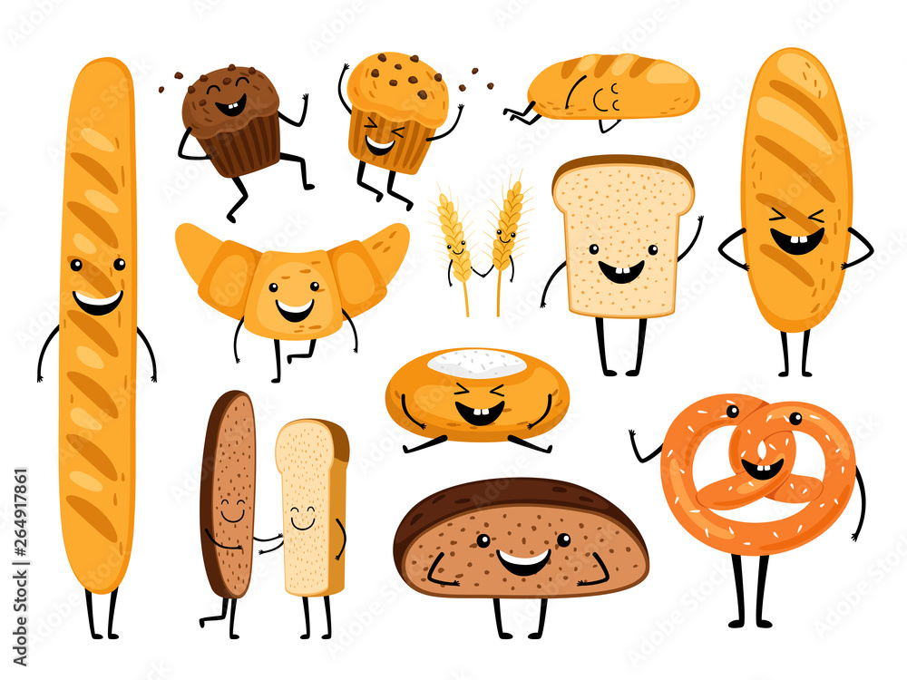 Bread Characters Funny Tasty Bakery Pastries Cartoon Happy Breads Bread Characters Funny Tasty Bakery Pastries Cartoon Happy Breads