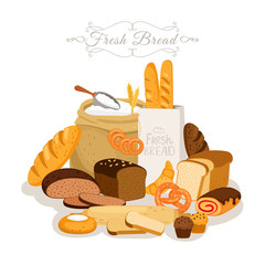 Wall Mural - cartoon, bread flour and pastries. french baguette and breakfast croissant, bakery snacks and chocol