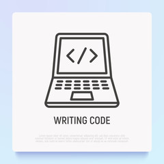 Wall Mural - writing code thin line icon: opened laptop with code. modern vector illustration.