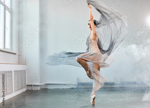 Fotografía Full size portrait of talanted ballet student woman wears grey fluttering scenic dress giving a performance on a final exam in light studio on white smoky background