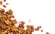 Background of mixed nuts - hazelnuts, walnuts, almonds - with copy space. Nuts isolated one edge. Assortment nuts top view or flat lay