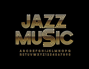 Poster - Vector chic sign Jazz Music with Golden Alphabet Letters and Symbols. Uppercase creative Font 