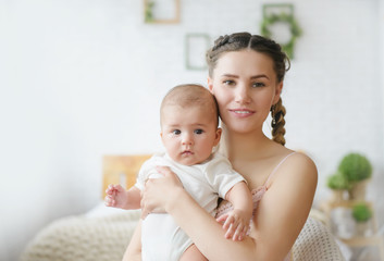 A young mother sits in a chair and holds the baby. Two faces close.  Two are in a spacious bright room. The concept of motherhood, care and health. Place for text