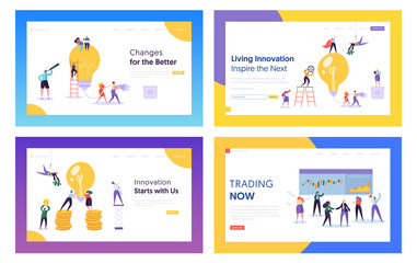 Wall Mural - Trading, Innovation Ideas for Business Website Landing Page Templates Set. Businesspeople with Huge Lightbulb and Screen with Data Analysis Graphs Web Page. Cartoon Flat Vector . Illustration, Banner