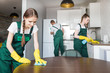 © xartproduction - Cleaning service with professional equipment during work. professional kitchenette cleaning, sofa dry cleaning, window and floor washing. man and women in uniform, overalls and rubber gloves