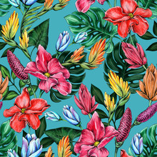 Seamless Floral Pattern Of Tropical Flowers And Leaves.