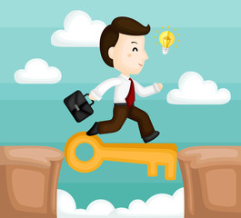 A Vector of Cute Businessman Running Cross the Cliff with Key to Success 