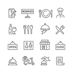 Restaurant related icons: thin vector icon set, black and white kit