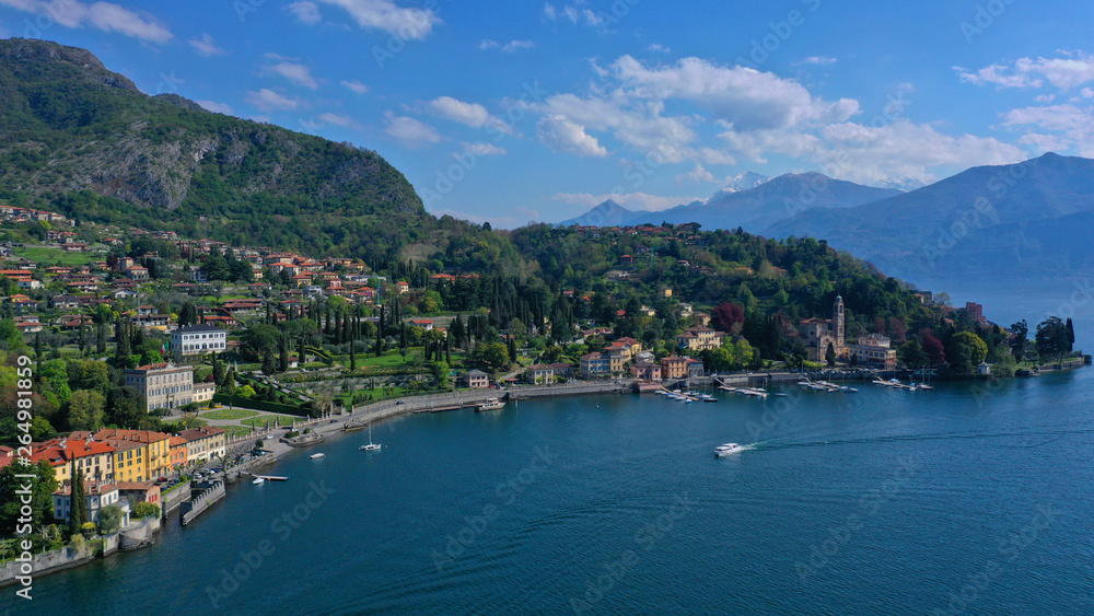 Aerial drone panoramic photo of famous beautiful lake Como one of the deepest in Europe, Lombardy, Italy - obrazy, fototapety, plakaty 