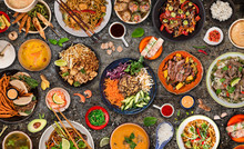 Asian Food Background With Various Ingredients On Rustic Stone Background , Top View.