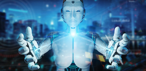 Wall Mural - white humanoid robot using digital technological interface with datas 3d rendering