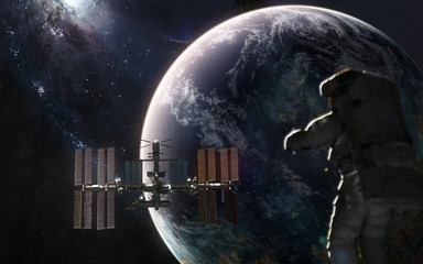 Wall Mural - exoplanet in deep space. astronaut, space station, galaxy. science fiction art. elements of the imag