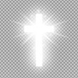 Shining silver cross isolated on transparent background. Riligious symbol. Glowing Saint cross. Easter and Christmas sign. Vector illustration