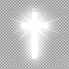 Wall Mural - Shining silver cross isolated on transparent background. Riligious symbol. Glowing Saint cross. Easter and Christmas sign. Vector illustration