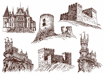 Vintage set of medieval castles, graphical vector illustration,sightseeing