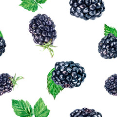 Wall Mural - Watercolor hand drawn blackberry isolated seamless pattern.