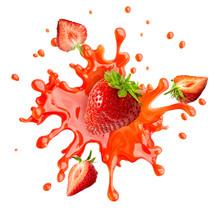 Sweet Fresh Strawberry Juice Or Jam Splash Swirl With Strawberry. Red Berry Juice Splashing - Strawberries Juice Isolated. Liquid Healthy Food Or Drink Fruit Design Element. 3D Render