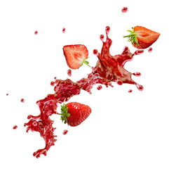 Wall Mural - Sweet fresh strawberry juice or jam splash swirl with strawberry. Red berry juice splashing - strawberries juice isolated. Liquid healthy food or drink fruit design element. 3D render