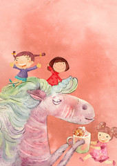 Wall Mural - Unicorn with children. Watercolor background