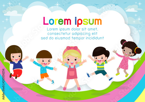 Kids Jumping On The Rainbow Children Jump With Joy Happy Cartoon