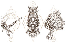 Totem Eagle, Wolf, Fox And Owl Illustration For Creating Sketches Of Tattoos, Printing On Clothes, Design Of Posters And Leaflets. A Set Of Outline Illustrations With Sketches Of Tattoos.