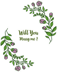 Canvas Print - Vector illustration letter will you marry me for frame bouqet purple and leaves green