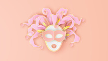 Face Mask Graphic Design In Carnival Festival. Jester Mardi Gras Mask Design. Venice Carnival Poster On Pastel Color. Pastel Color. Paper Cut And Craft Style. Vector, Illustration.