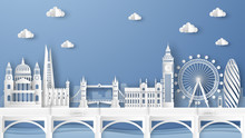 Illustration Of City Scene With Famous Architectures In London, England. Elements Of London City, England. London City Scene Of England. Paper Cut And Craft Style. Vector, Illustration.