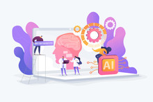 Brain With Neural Network On Laptop And Scientists, Tiny People. Artificial Intelligence,machine Learning, Data Science And Cognitive Computing Concept. Vector Isolated Concept Creative Illustration.