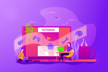 Poster - Web educational video, online courses and training, e-learning tutorial and video blogging concept. Vector isolated concept illustration with tiny people and floral elements. Hero image for website.