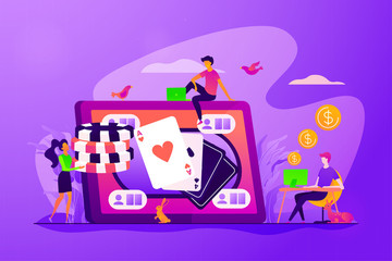 Wall Mural - Online poker, internet gambling, online casino rooms and online poker table concept. Vector isolated concept illustration with tiny people and floral elements. Hero image for website.