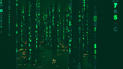 Wall Mural - rain of green computer code in cyberspace 3d render illustration