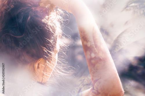 Plakat Beautiful young boho woman portrait outdoors at sunset