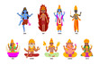 Indian Gods set, Shiva, Igny, Vishnu, Ganesha, Indra, Soma, Brahma, Surya, Yama god cartoon characters vector Illustrations on a white background