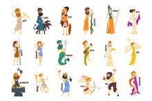 Greek Gods Set, Dionysus, Hermes, Hephaestus,Zeus, Hades, Poseidon, Aphrodite, Artemis Ancient Greece Mythology Characters Character Vector Illustrations
