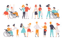 Disabled People Having A Good Time With Their Friends Set, Handicapped Person Enjoying Full Life Vector Illustrations On A White Background