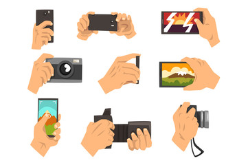 Canvas Print - Hand taking pictures with smartphone and camera set vector Illustrations on a white background