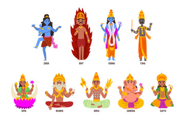 Indian Gods set, Shiva, Igny, Vishnu, Ganesha, Indra, Soma, Brahma, Surya, Yama god cartoon characters vector Illustrations on a white background