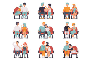 Sticker - Couples sitting in cinema theatre and watching movie set, men and women on movie date vector