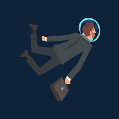 Sticker - Businessman in Black Suit and Astronaut Helmet Flying in Outer Space with Briefcase, Business Development Strategy, Leadership Vector Illustration