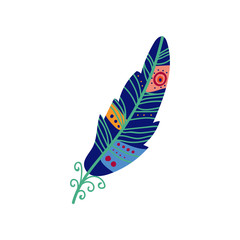 Sticker - Colored Bright Bird Feather Painted in Blue Colors, Decoration Element Vector Illustration