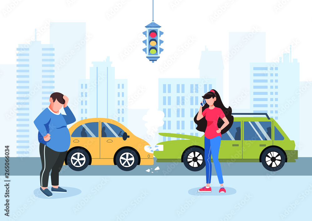 Man and girl had a traffic accident. Motor Insurance. Girl calling by cell phone. Flat vector illustration. Car accident in the city. Buildings background. - obrazy, fototapety, plakaty 