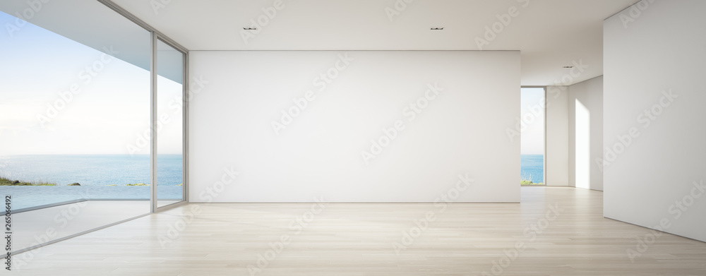 Sea view empty large living room of luxury summer beach house with swimming pool near wooden terrace. Big white wall background in vacation home or holiday villa. Hotel interior 3d illustration. - obrazy, fototapety, plakaty 