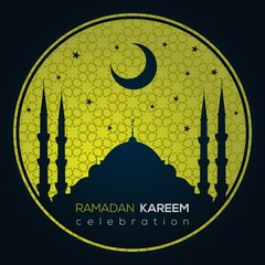 Wall Mural - Ramadan Kareem greeting card or banner with Mosque silhouette on crescent moon and Arabic ornament, Islamic pattern. Vector illustration.