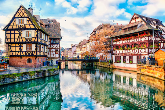 traditional half-timbered houses on the canals district la petite france in strasbourg, unesco world
