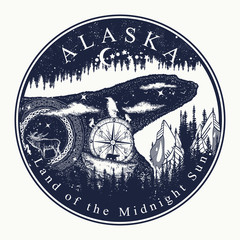 Wall Mural - Alaska. Tattoo and t-shirt design. Welcome to state of Alaska (USA).  Land of the Midnight Sun slogan. Travel concept