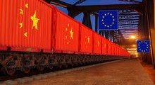 Train With Containers With A Flag Of China Crossing The Border Of The European Union