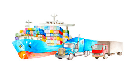 Transport concept from watercolor cargo ship and two medium and heavy tonnage trucks on a white background isolated